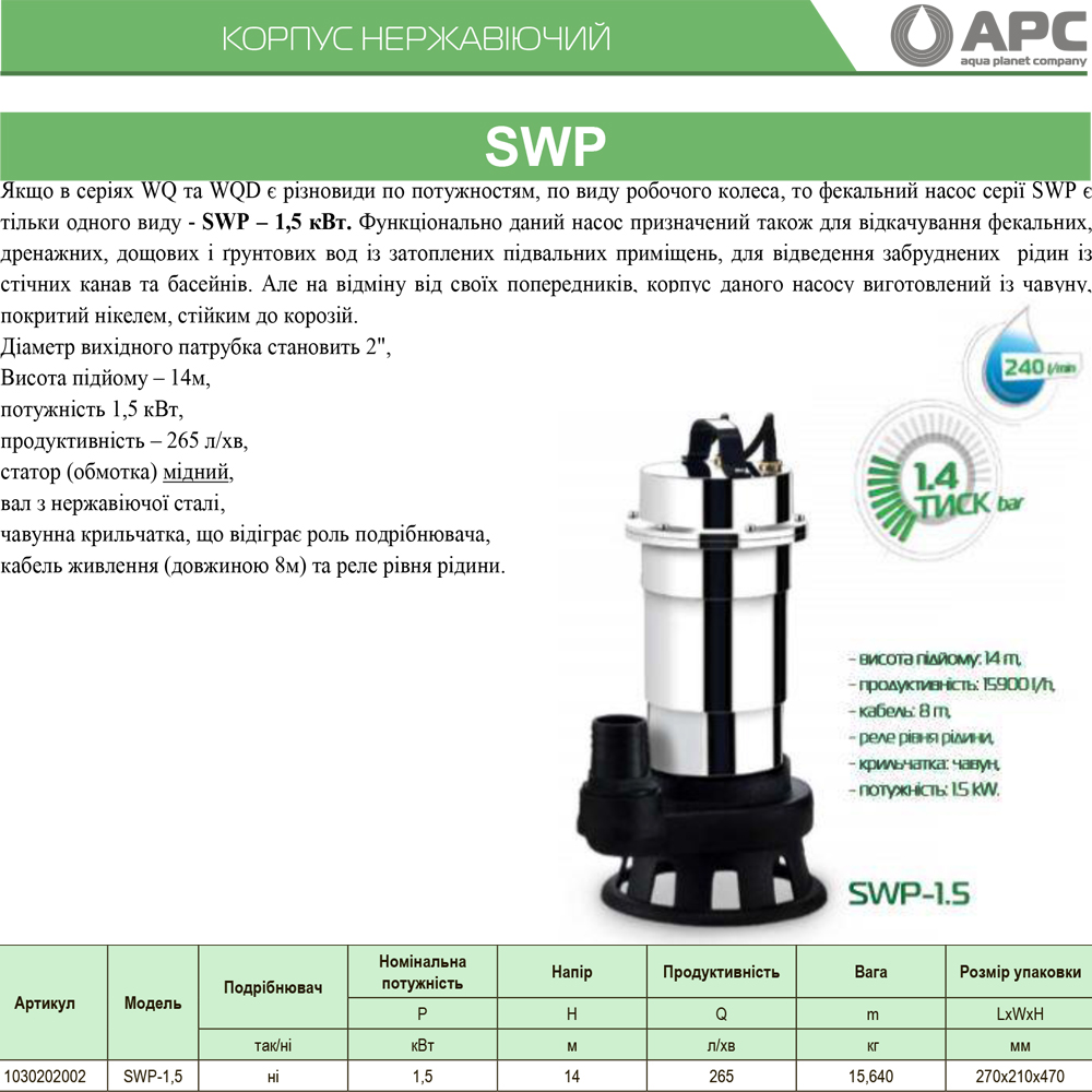 Насос фекальний APC SWP-1,5