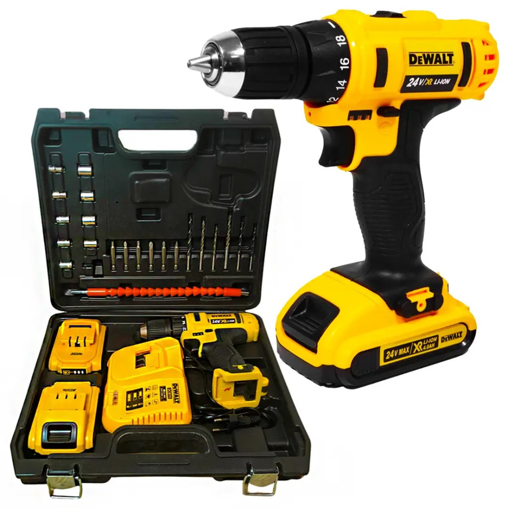 Шуруповерт акумуляторний DeWalt DCD791 (24В, 5 А/год) та набір інструментів у футлярі